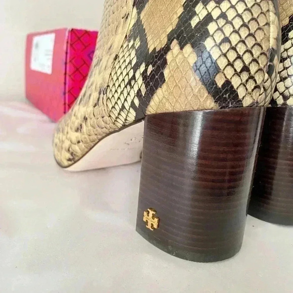 NEW TORY BURCH Brooke 70mm Block Heel Leather Python Sandrift Bootie Size 9.5 - Picture 4 of 7